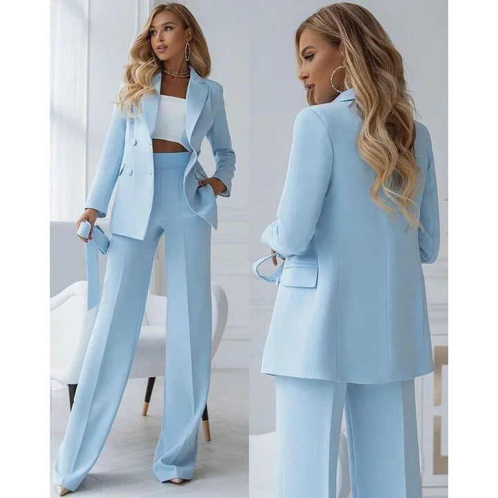 Women's light blue two-piece blazer suit with double-breasted jacket and straight trousers