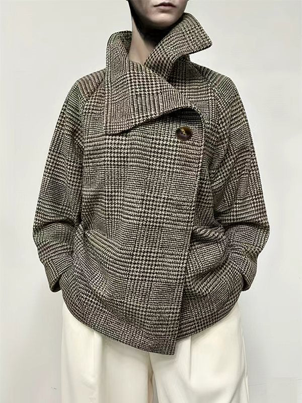 Houndstooth plaid jacket with stand collar and asymmetric button front