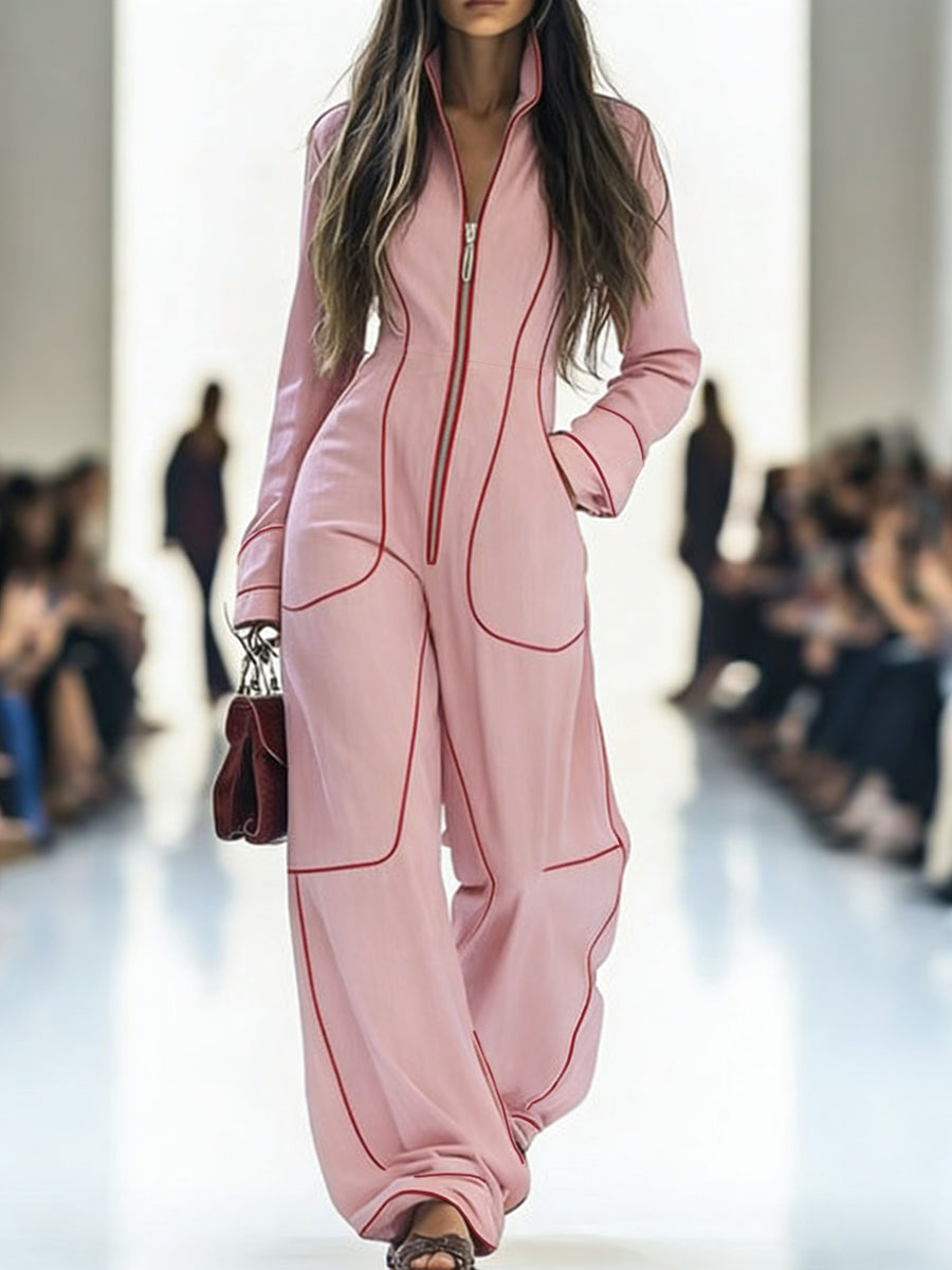 Women's wide-leg jumpsuit with stand collar and front zip, shown in burgundy and pink