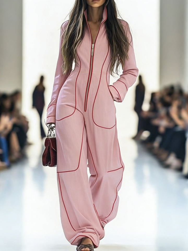 Women's wide-leg jumpsuit with stand collar and front zip, shown in burgundy and pink