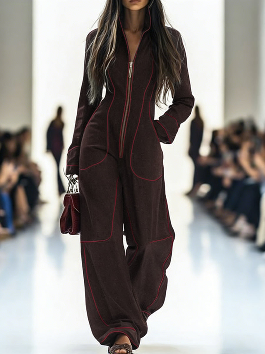 Women's wide-leg jumpsuit with stand collar and front zip, shown in burgundy and pink