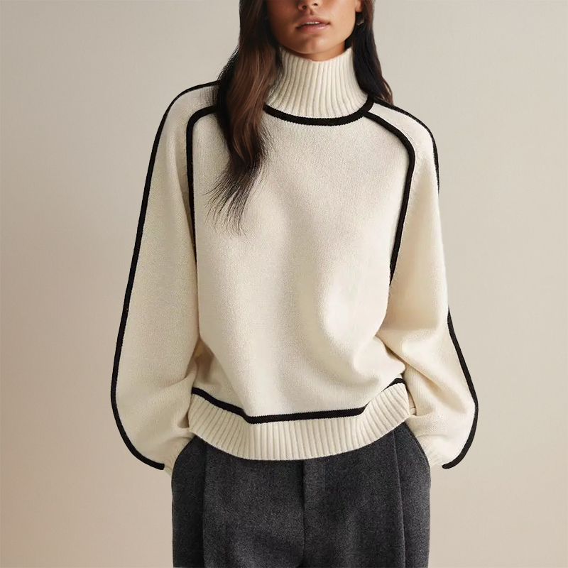 Women's turtleneck sweater with contrast piping