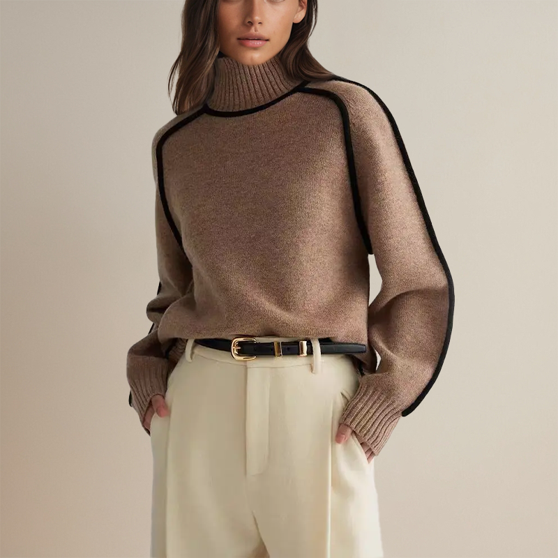 Women's turtleneck sweater with contrast piping