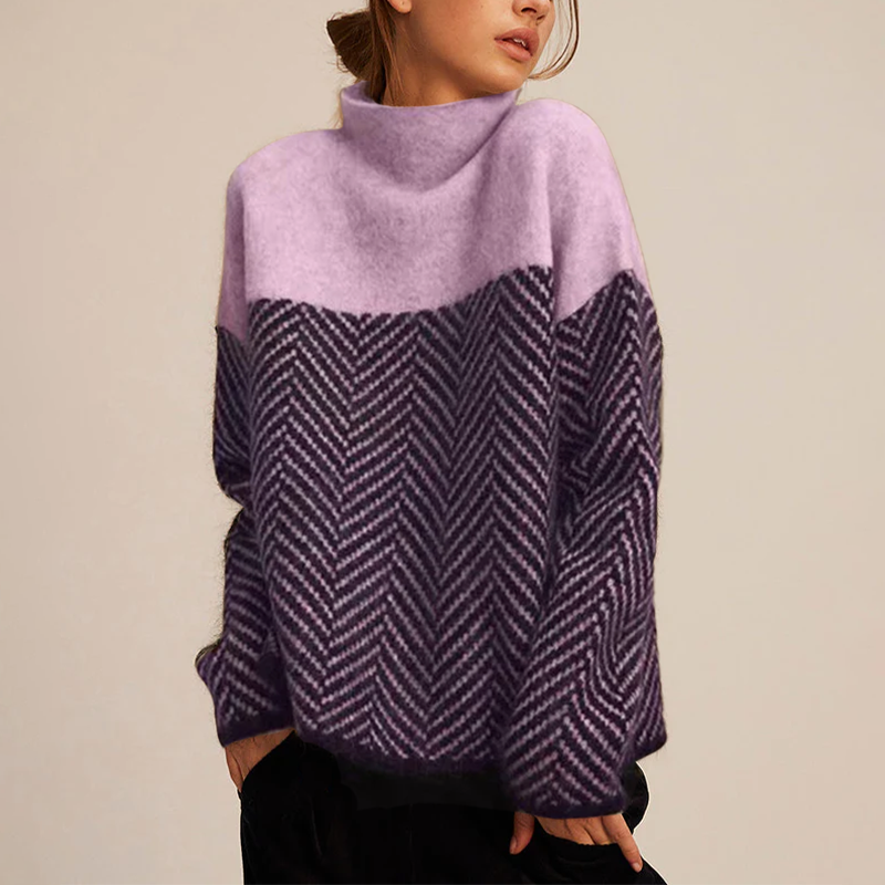 Women's turtleneck sweater with contrasting chevron pattern