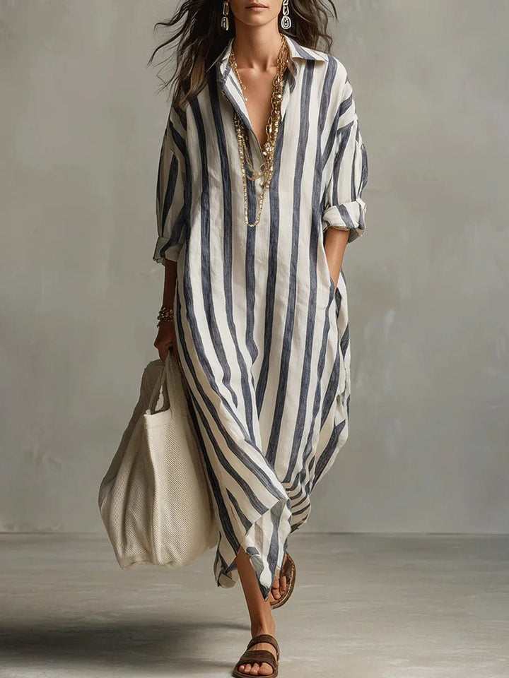 Women's oversized striped maxi shirt dress in navy and green stripe colourways with collared neckline