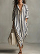 Women's oversized striped maxi shirt dress in navy and green stripe colourways with collared neckline