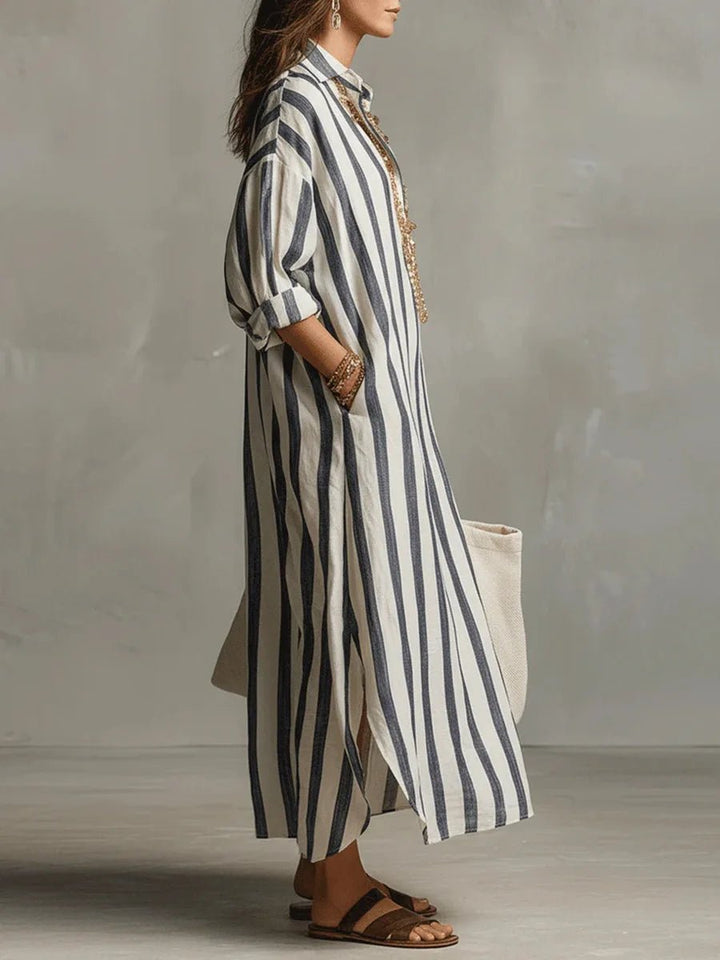 Women's oversized striped maxi shirt dress in navy and green stripe colourways with collared neckline