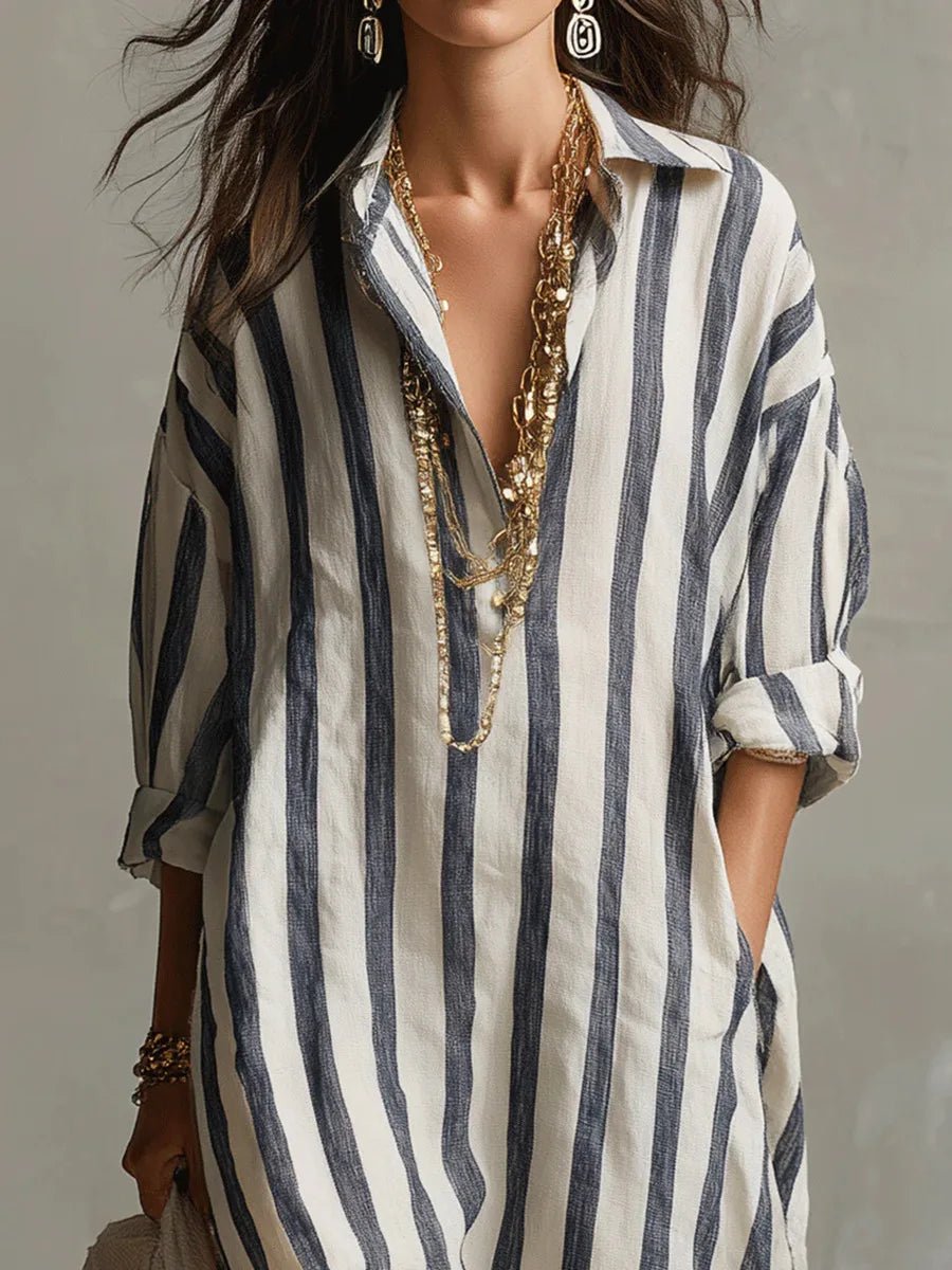 Women's oversized striped maxi shirt dress in navy and green stripe colourways with collared neckline