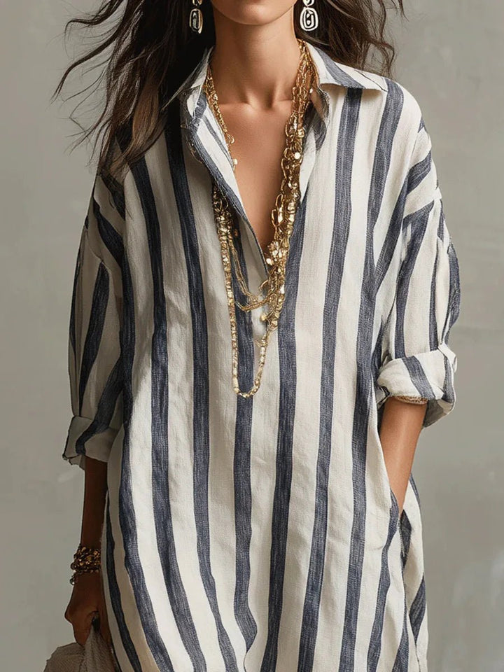 Women's oversized striped maxi shirt dress in navy and green stripe colourways with collared neckline