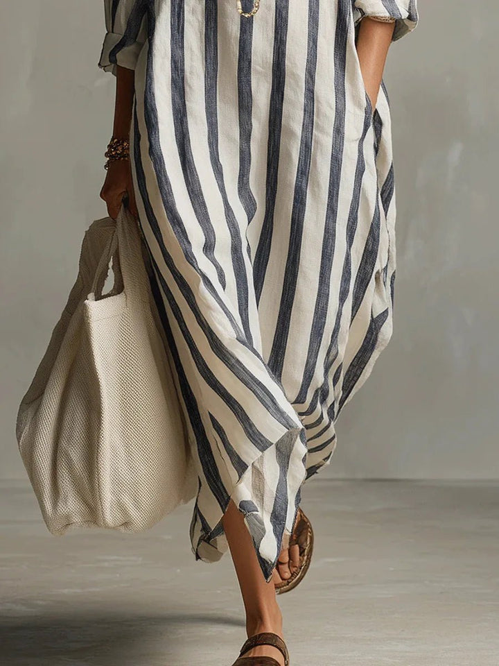 Women's oversized striped maxi shirt dress in navy and green stripe colourways with collared neckline
