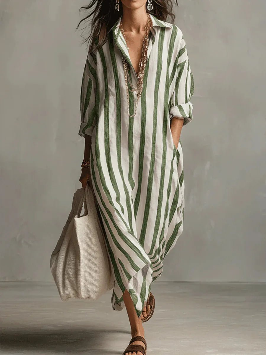 Women's oversized striped maxi shirt dress in navy and green stripe colourways with collared neckline