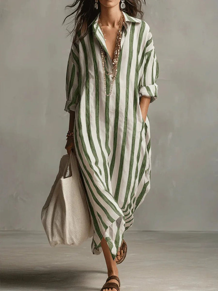 Women's oversized striped maxi shirt dress in navy and green stripe colourways with collared neckline