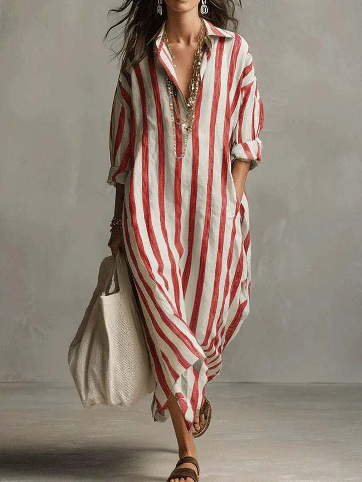 Women's oversized striped maxi shirt dress in navy and green stripe colourways with collared neckline