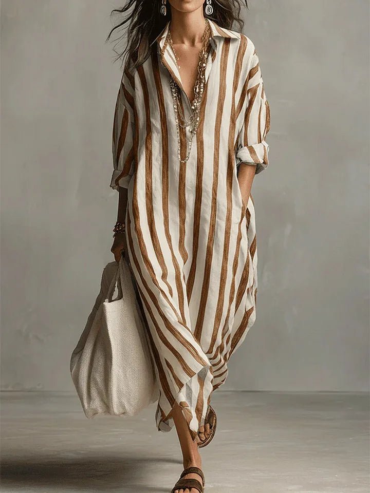 Women's oversized striped maxi shirt dress in navy and green stripe colourways with collared neckline
