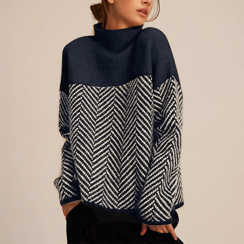 Women's turtleneck sweater with contrasting chevron pattern