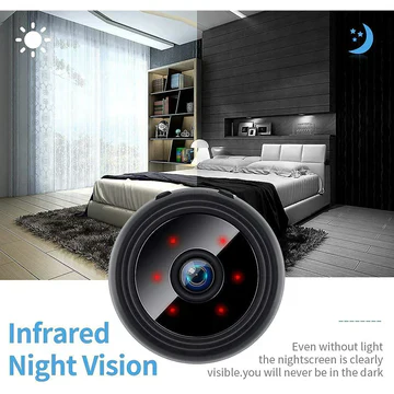 Small black spherical wireless camera with magnetic mount, shown in hand and mounted on surfaces, displaying live video feed on smartphone