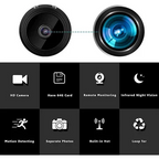 Small black spherical wireless camera with magnetic mount, shown in hand and mounted on surfaces, displaying live video feed on smartphone