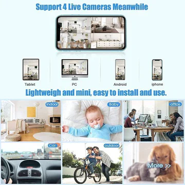 Small black spherical wireless camera with magnetic mount, shown in hand and mounted on surfaces, displaying live video feed on smartphone