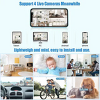 Small black spherical wireless camera with magnetic mount, shown in hand and mounted on surfaces, displaying live video feed on smartphone
