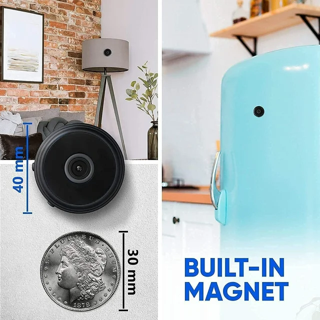 Small black spherical wireless camera with magnetic mount, shown in hand and mounted on surfaces, displaying live video feed on smartphone