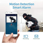 Small black spherical wireless camera with magnetic mount, shown in hand and mounted on surfaces, displaying live video feed on smartphone