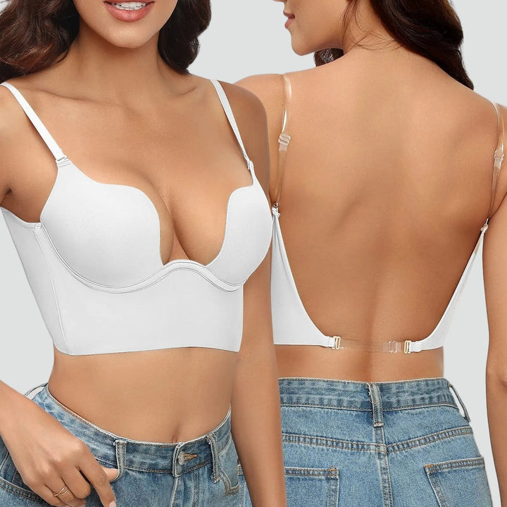Women's beige and black push-up bras with backless design and adjustable straps, shown front and back views.