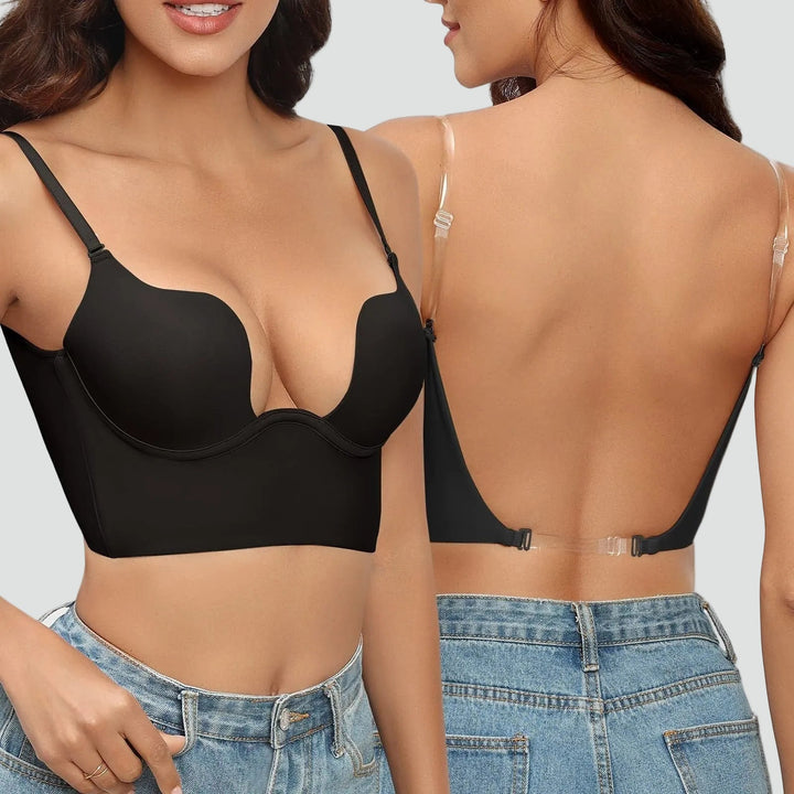Women's beige and black push-up bras with backless design and adjustable straps, shown front and back views.