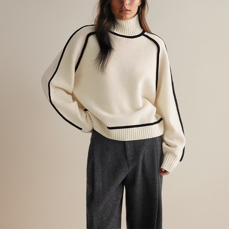 Women's turtleneck sweater with contrast piping