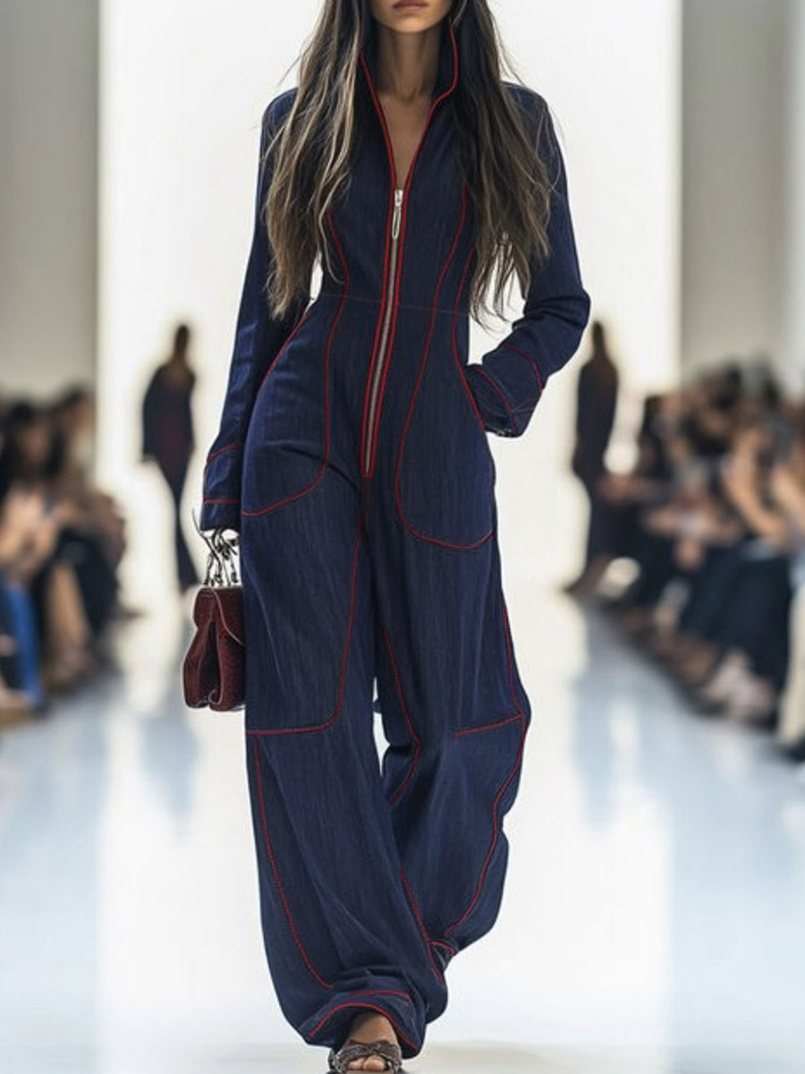 Women's wide-leg jumpsuit with stand collar and front zip, shown in burgundy and pink