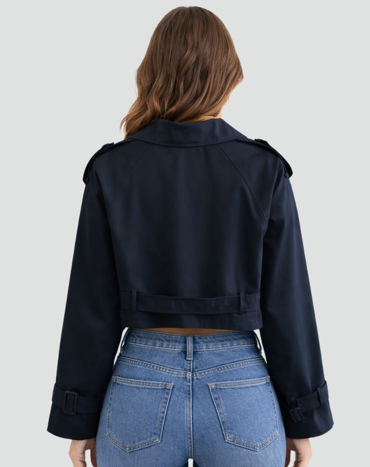Women's cropped belted trench coat with lapels and long sleeves