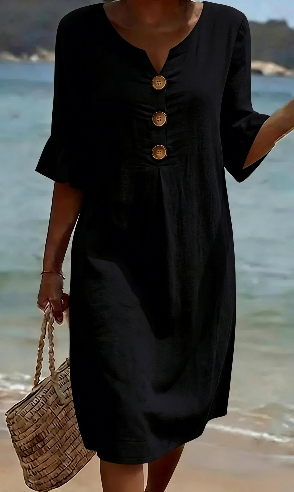 Women's Linen Blend Shift Dress, Wooden Buttons and Ruffle Cuffs