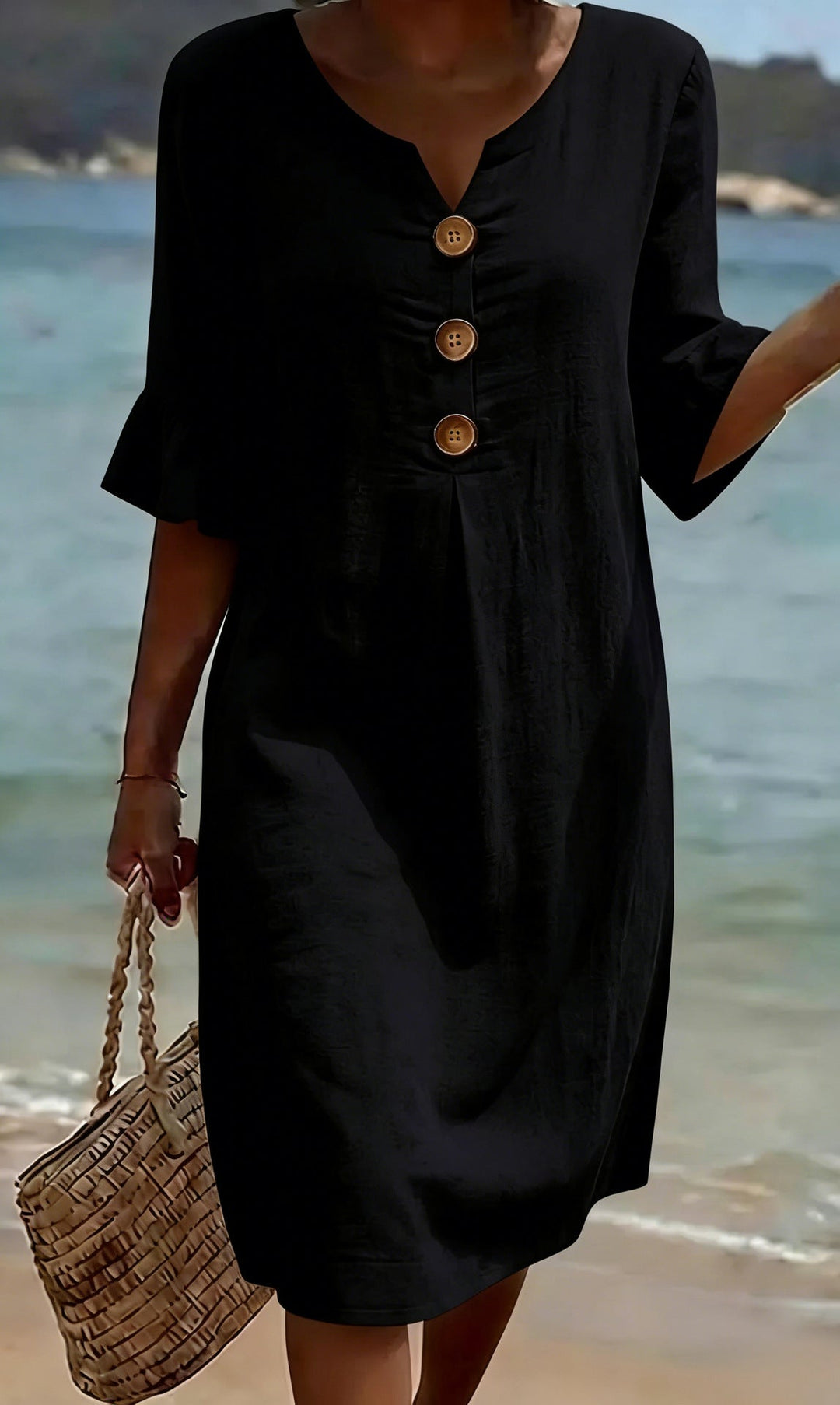 Women's Linen Blend Shift Dress, Wooden Buttons and Ruffle Cuffs