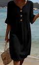 Women's Linen Blend Shift Dress, Wooden Buttons and Ruffle Cuffs