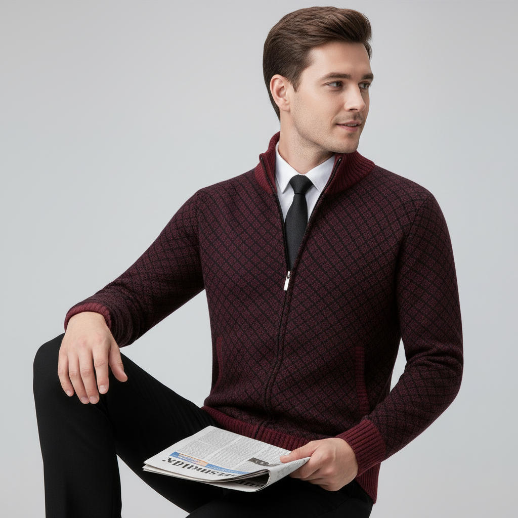 Men's geometric patterned zip cardigan sweater with mock collar