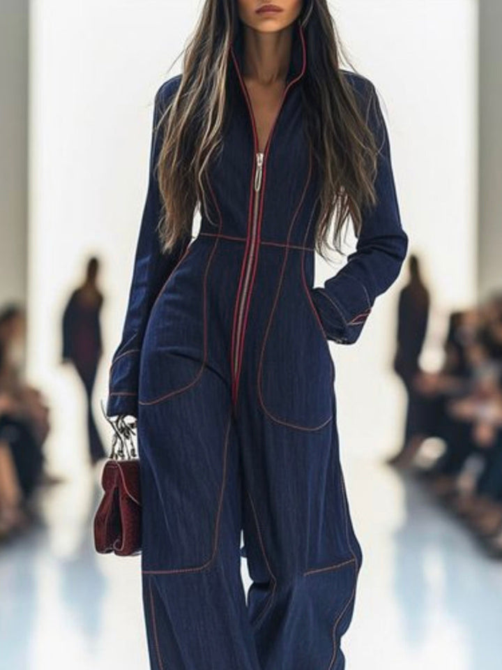 Women's wide-leg jumpsuit with stand collar and front zip, shown in burgundy and pink