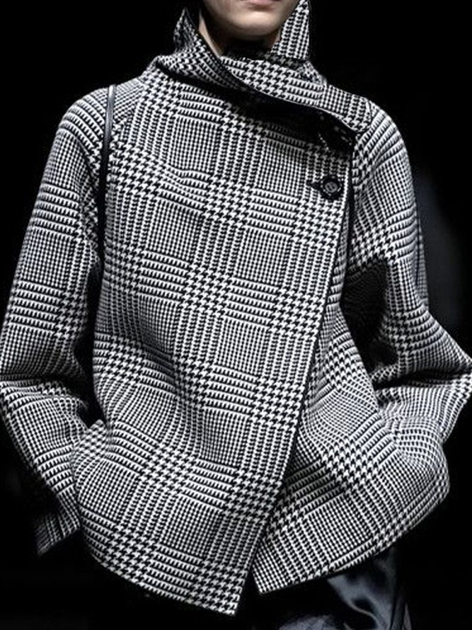 Houndstooth plaid jacket with stand collar and asymmetric button front