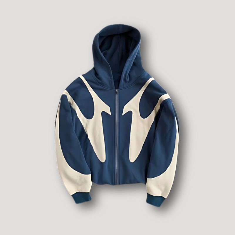 Men's navy and cream color block zip-up hoodie with geometric print