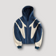 Men's navy and cream color block zip-up hoodie with geometric print