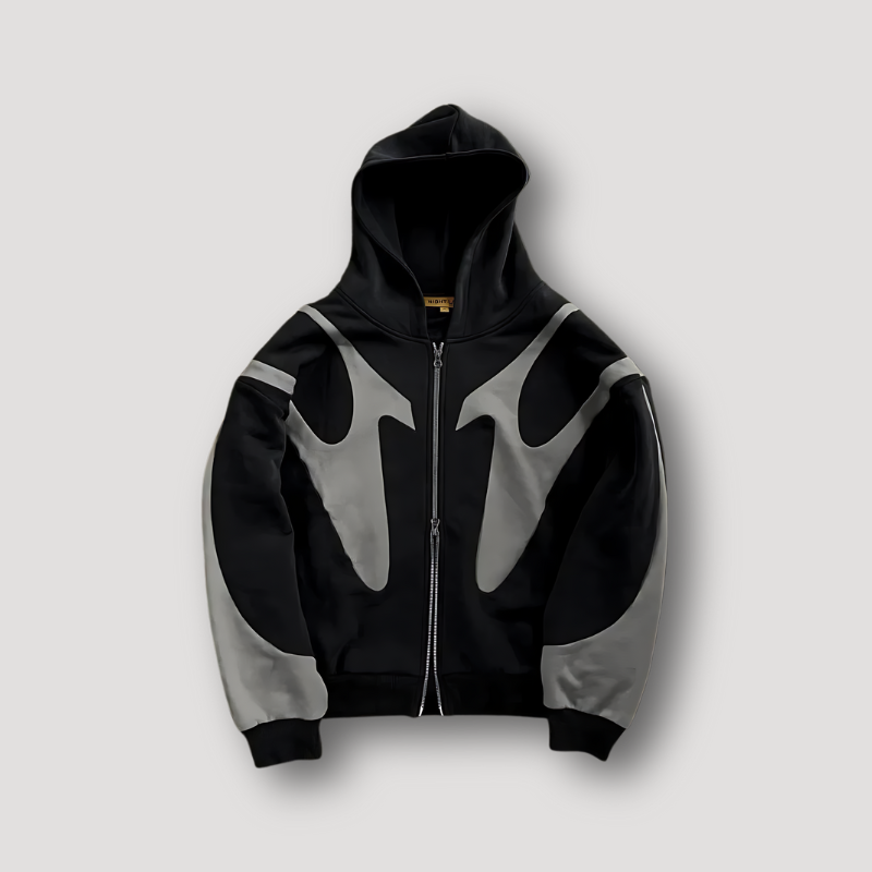 Men's navy and cream color block zip-up hoodie with geometric print