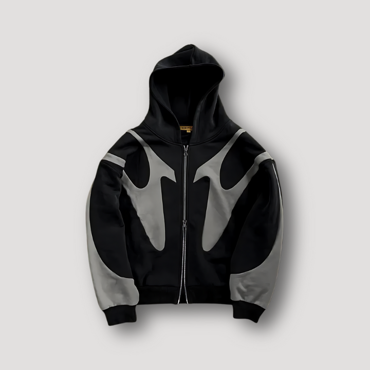Men's navy and cream color block zip-up hoodie with geometric print