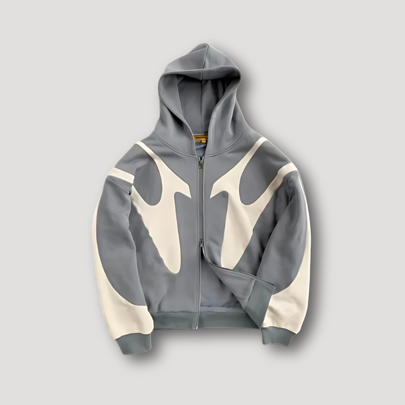 Men's navy and cream color block zip-up hoodie with geometric print