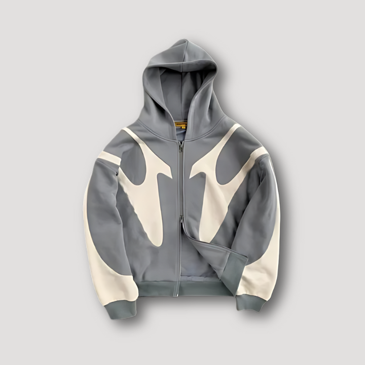 Men's navy and cream color block zip-up hoodie with geometric print
