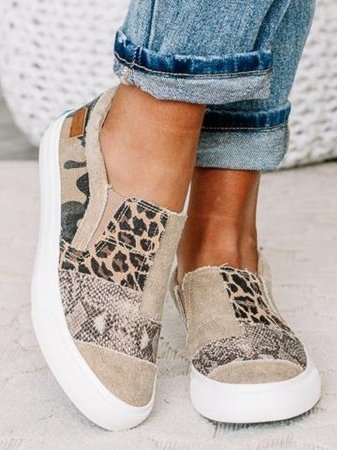 Women's mixed pattern slip-on sneaker with leopard and textured patchwork in neutral tones