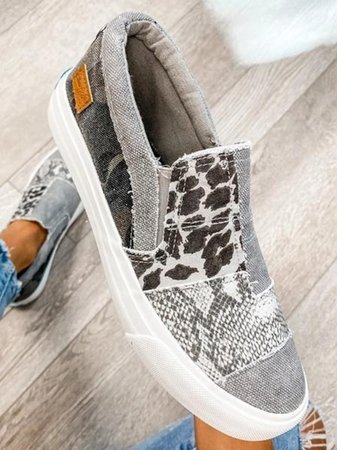Women's mixed pattern slip-on sneaker with leopard and textured patchwork in neutral tones