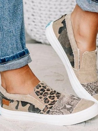 Women's mixed pattern slip-on sneaker with leopard and textured patchwork in neutral tones