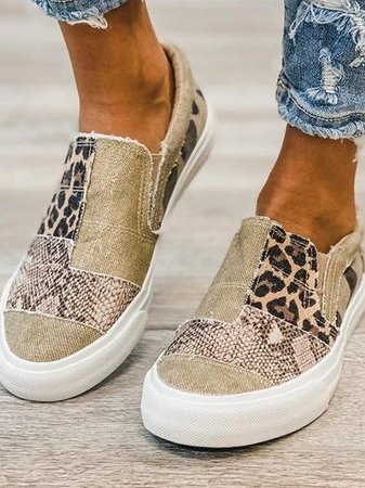 Women's mixed pattern slip-on sneaker with leopard and textured patchwork in neutral tones