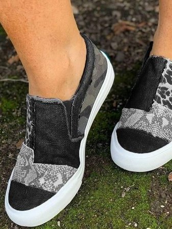 Women's mixed pattern slip-on sneaker with leopard and textured patchwork in neutral tones