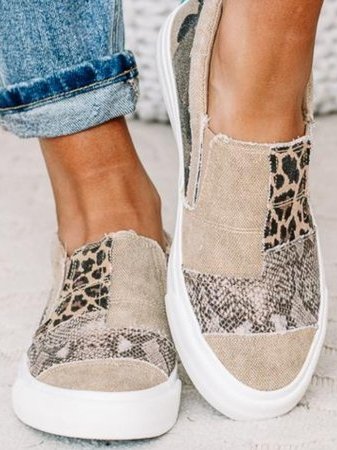 Women's mixed pattern slip-on sneaker with leopard and textured patchwork in neutral tones