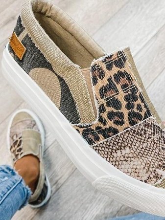 Women's mixed pattern slip-on sneaker with leopard and textured patchwork in neutral tones