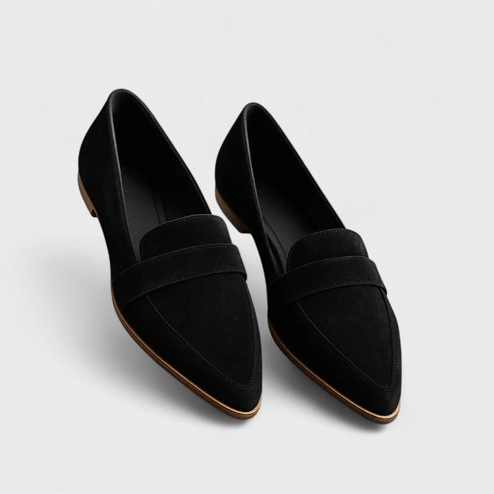 Women's pointed toe loafers with penny strap detail